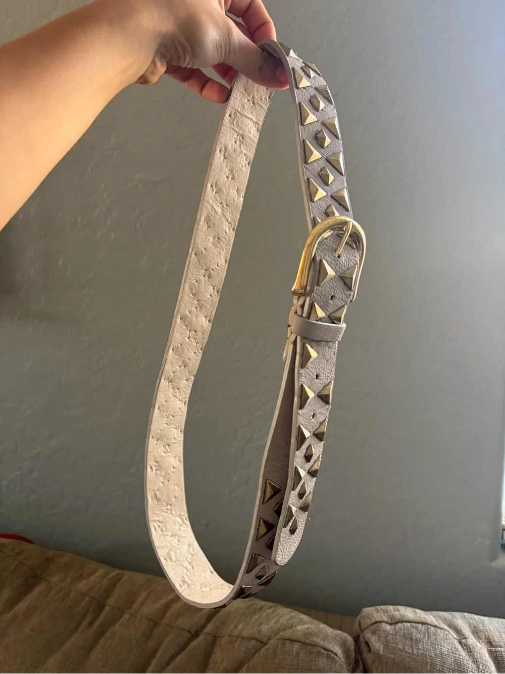Taupe Studded Leather Belt with Gold Buckle